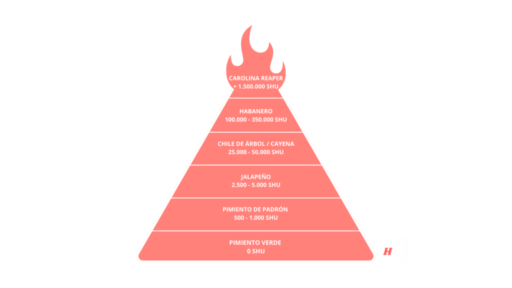 Pirámide de la Escala Scoville: Niveles de picante en SHU desde el Pimiento Verde hasta el Carolina Reaper.